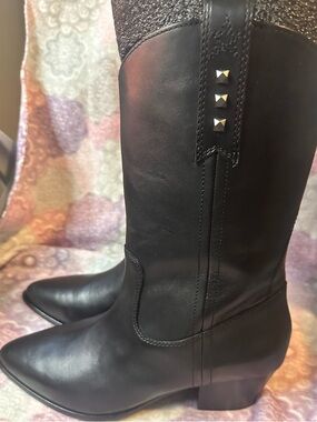 Ash Black Leather Mid-Calf Studded Western Boots